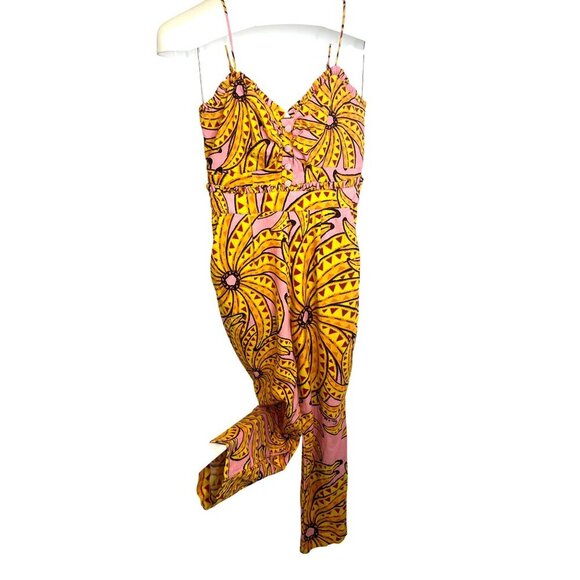 Farm Rio Jumpsuit Banana Print Linen Blend Halter Ladies Size XS Smocked Crop - Picture 2 of 15